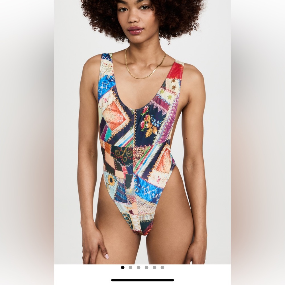 Patchwork Crazy Quilt One Piece Swimsuit High Cut Low Back Multicolor Bohemian